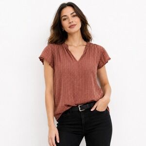 LOFT Outlet Blouse Large Brown Grid V-Neck Flutter Sleeve Rayon Top